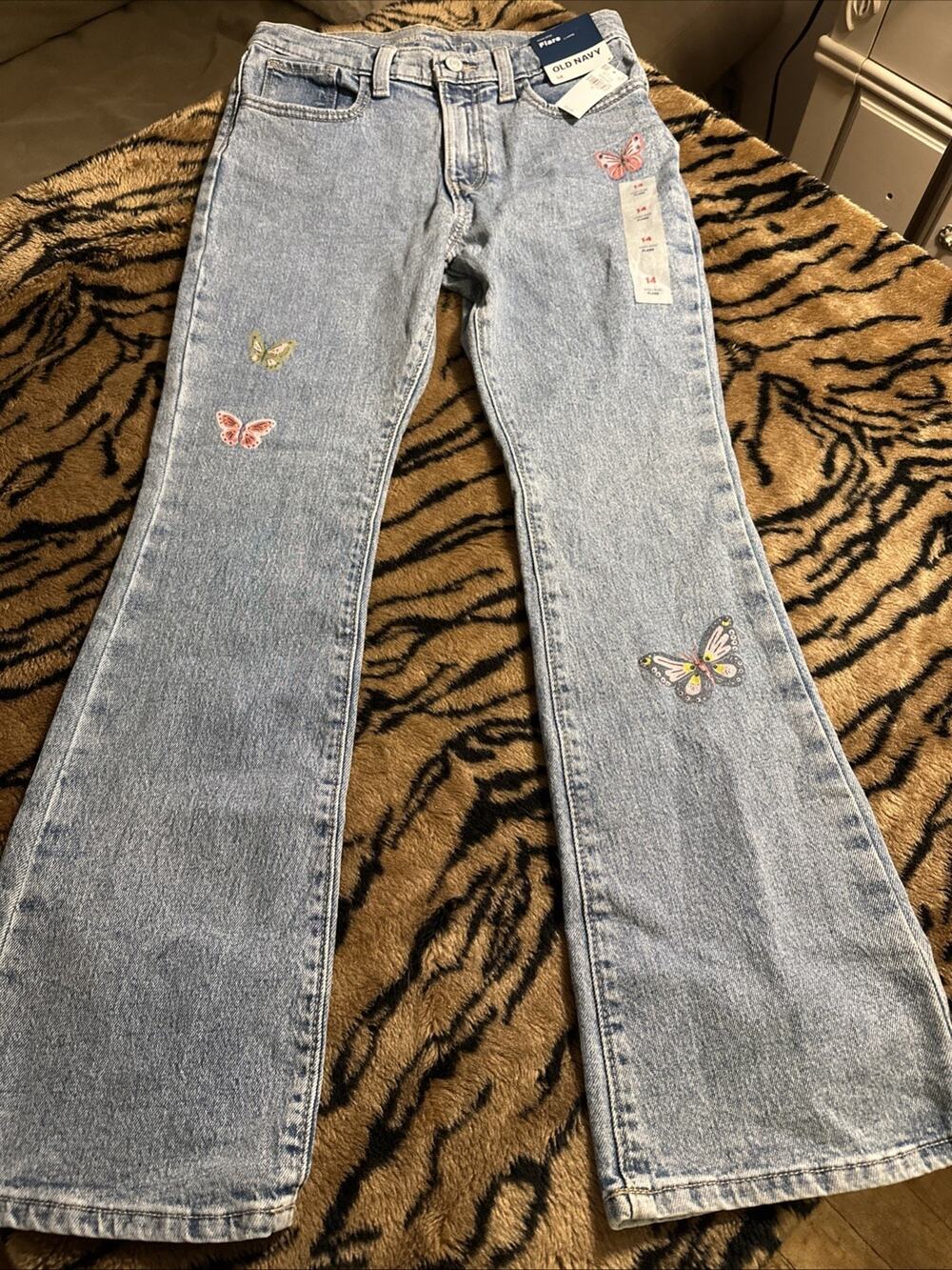 Girl’s Size 14 High Rise Flare Jeans Old Navy Butterfly Embroidered NWT School